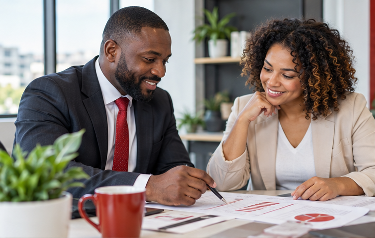Accountant advising a business owner over financial reports