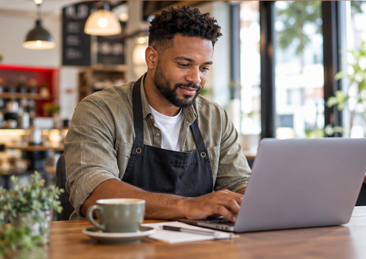 Business owner working confidently on accounts at a laptop