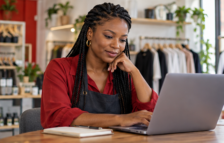 Entrepreneur reviewing business performance on a laptop